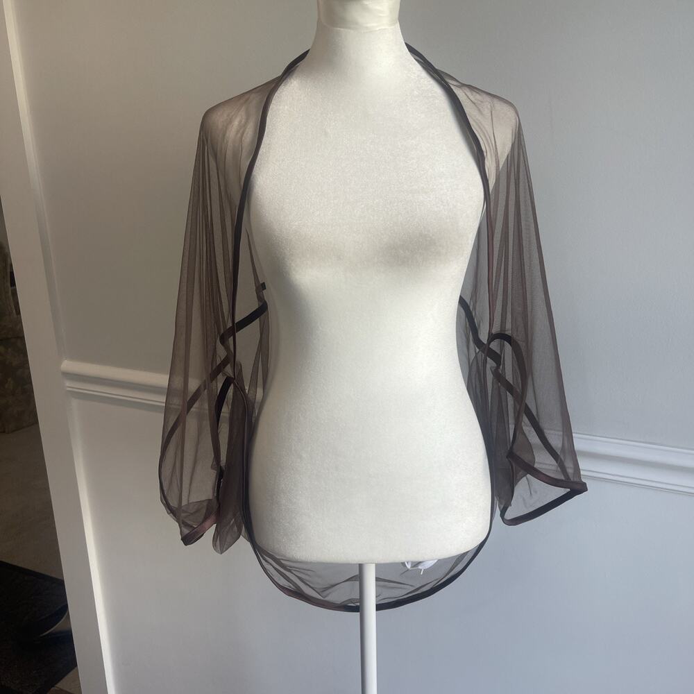 Sheer Brown Evening Bolero Shrug Mesh Satin Piping Drapey Elegant Minimalist
